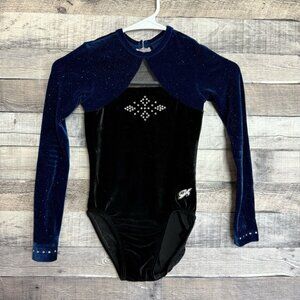GK Elite Black Blue Velvet Bling Leotard Long Sleeve Child Large